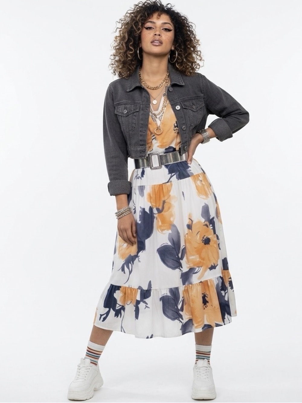 Floral Three Quarters Sleeve Tiered Maxi Dress White Yellow Large